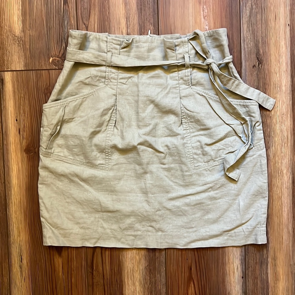 BCBG Maxazria Linen Skirt Paperbag Tie Waist Lined Khaki Size S